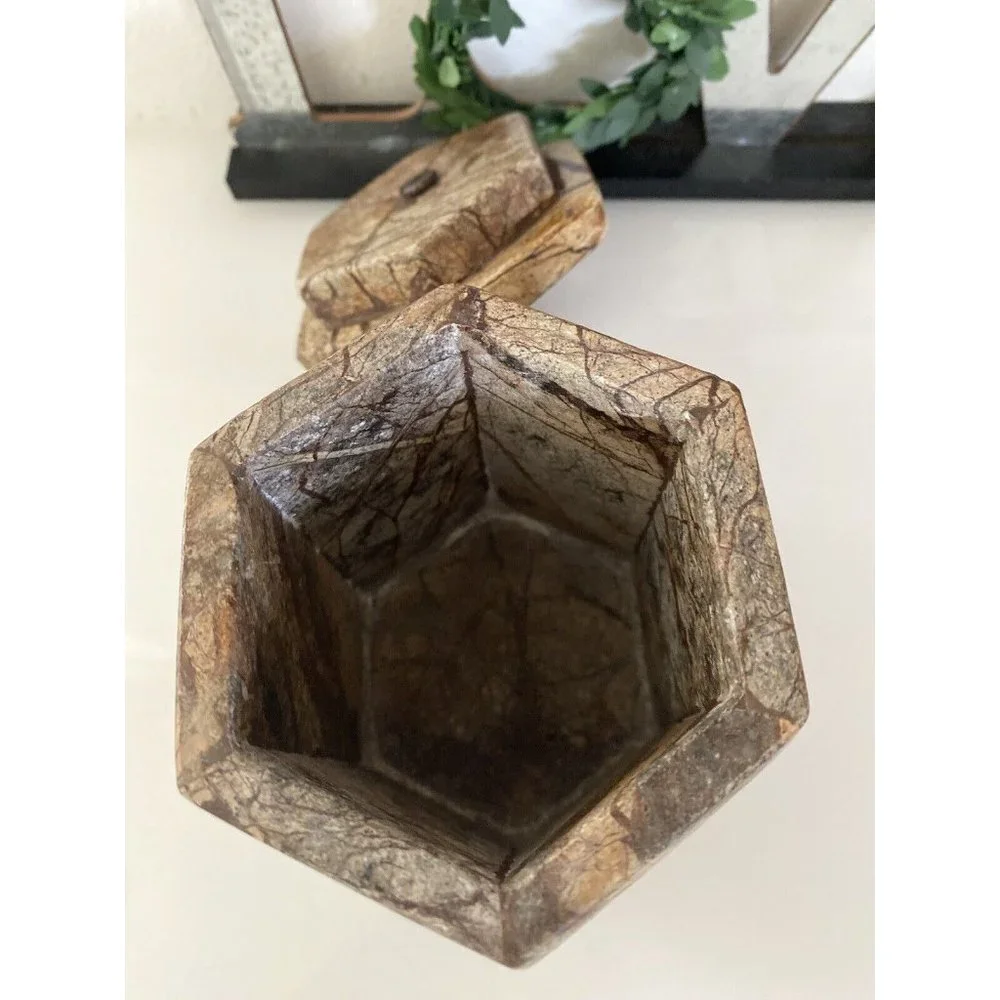 Hexagonal Stone Canister Lidded Container Trinket Box Port To Port Vintage Brown